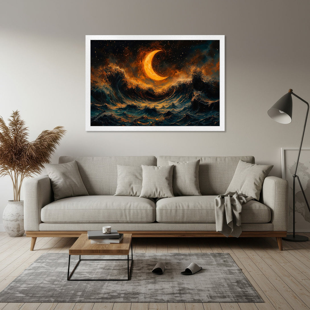 Framed Poster featuring a celestial moon over turbulent waves. Artistic style with a warm, moody color palette of orange, blue, and black. Enhance your space!