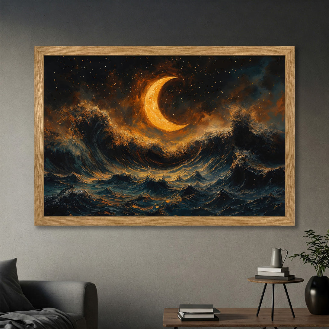 Framed Poster of a crescent moon over ocean waves, dramatic art style, warm orange and blue color palette.