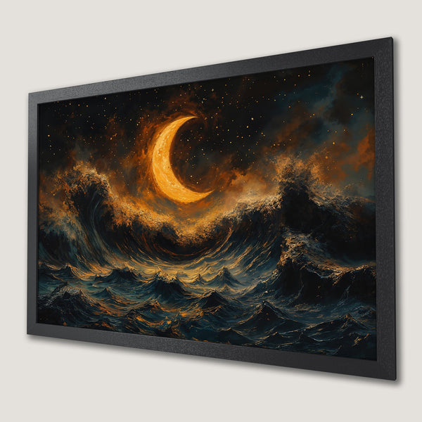 Framed Poster of a celestial seascape with a glowing moon, dramatic style, and a warm, dark color palette. Perfect wall art!