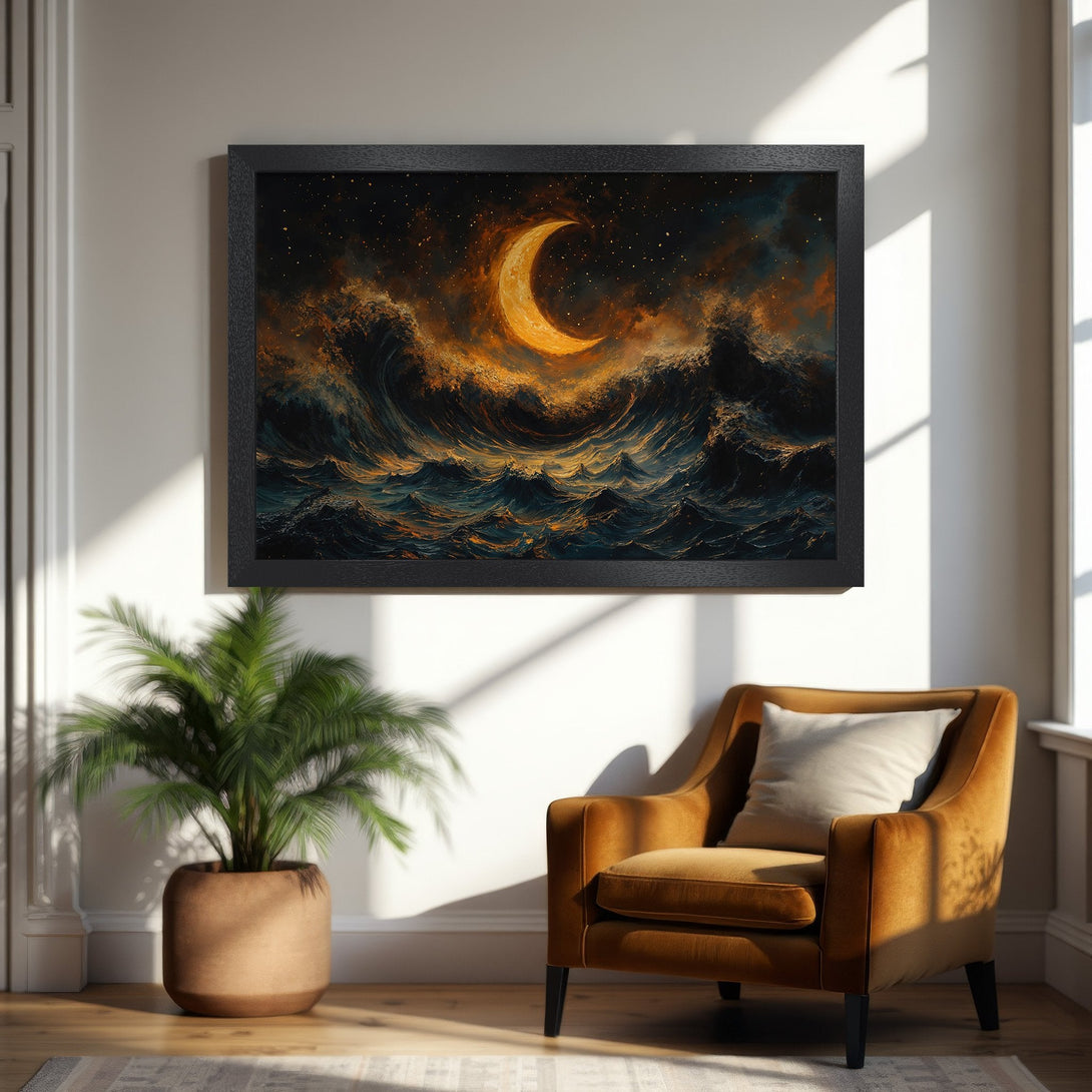 Framed Poster featuring a celestial seascape with a crescent moon, in a dramatic, painterly style with a warm, dark color palette.