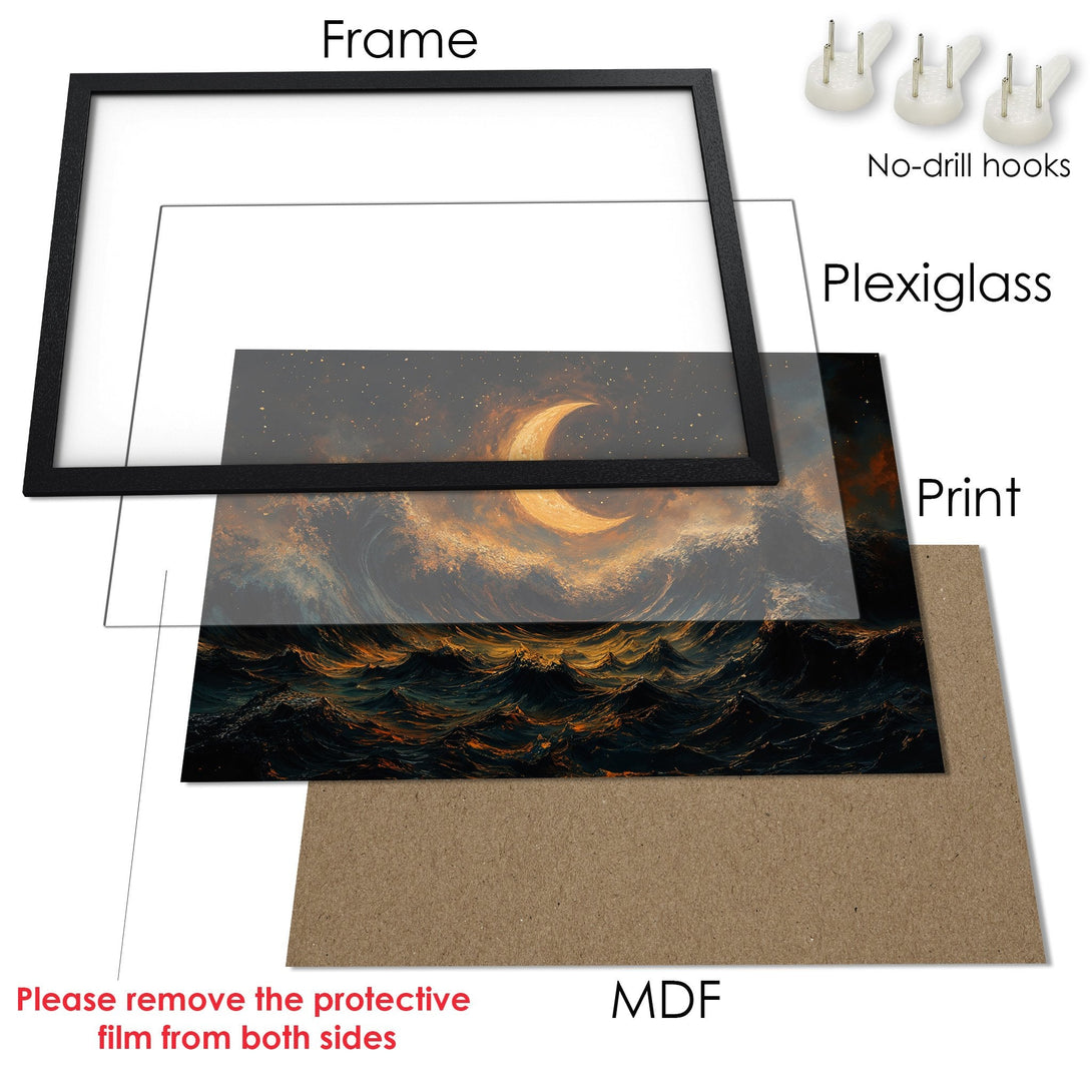 Framed Poster with a celestial ocean design. Warm gold and dark blue color palette. Perfect wall art for your home.