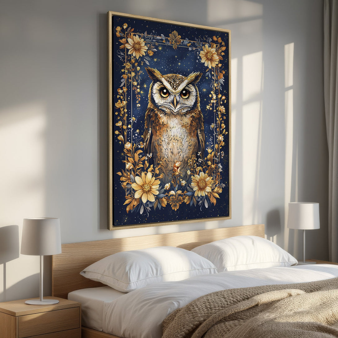 Framed Wall Art: Majestic owl canvas print with floral accents. Dark blue, gold, and brown color palette. Perfect bedroom decor!