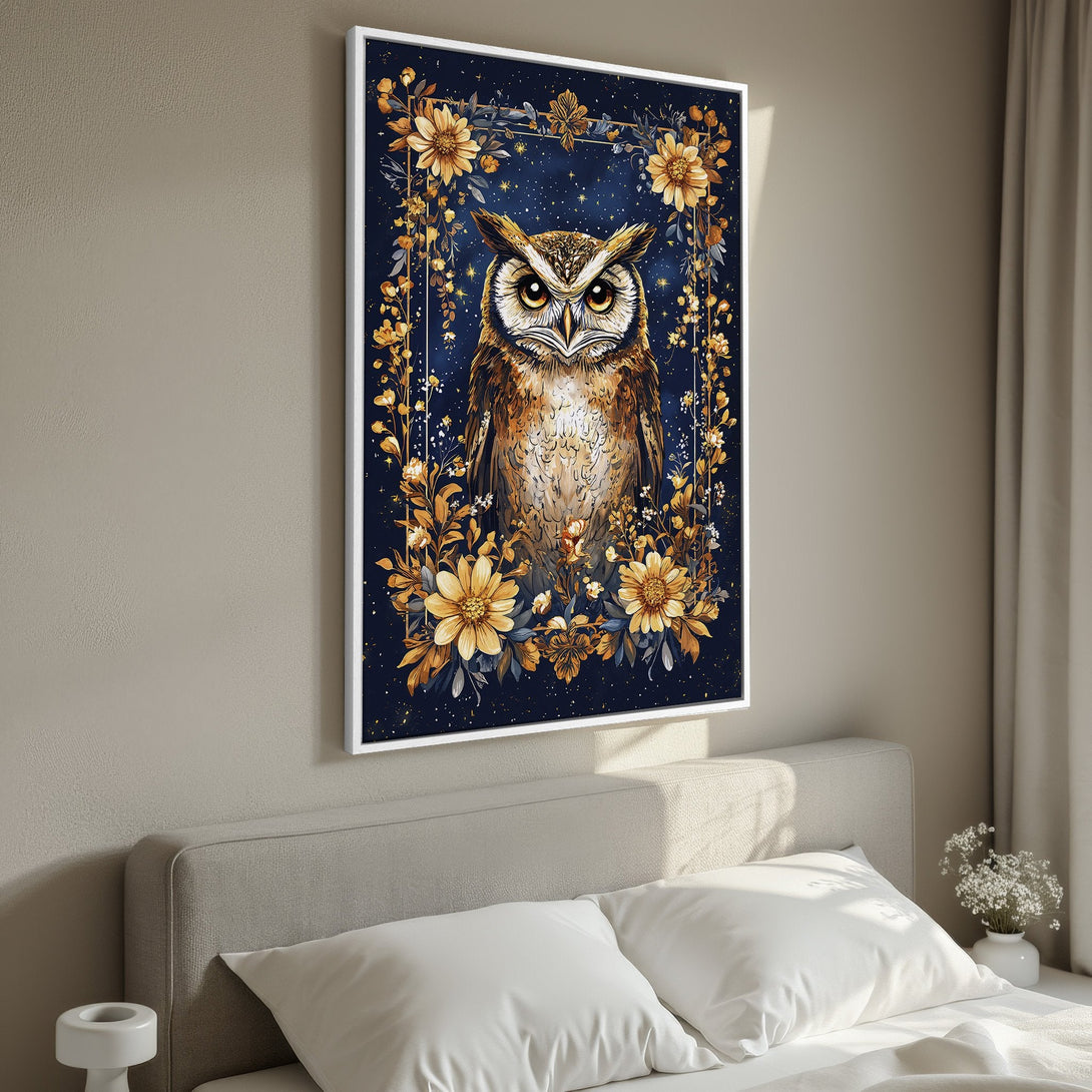 Framed Wall Art: Majestic owl illustration with floral accents. Features a dark blue background with gold and yellow hues. Perfect for adding elegance to your space.