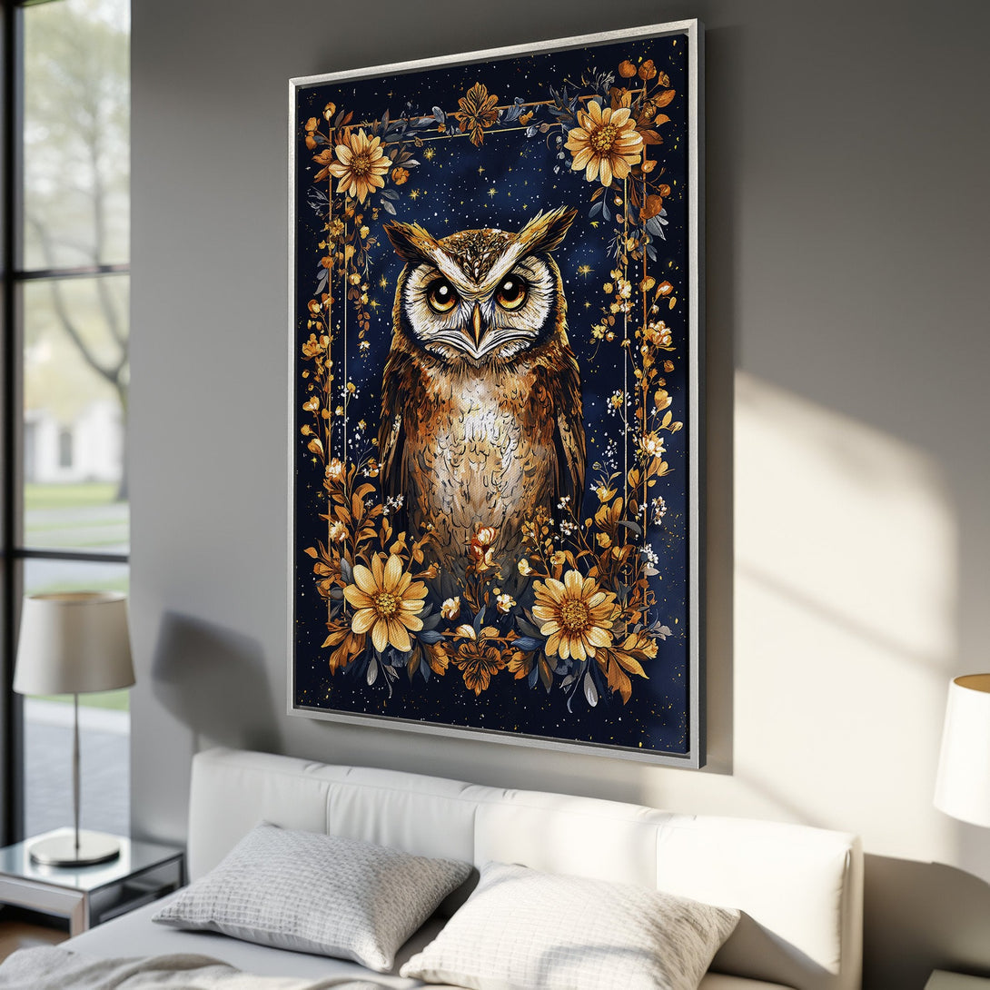 Framed Wall Art featuring a majestic owl in a floral frame. Rich navy, gold, and brown color palette. Perfect for adding a touch of elegance to your home decor.