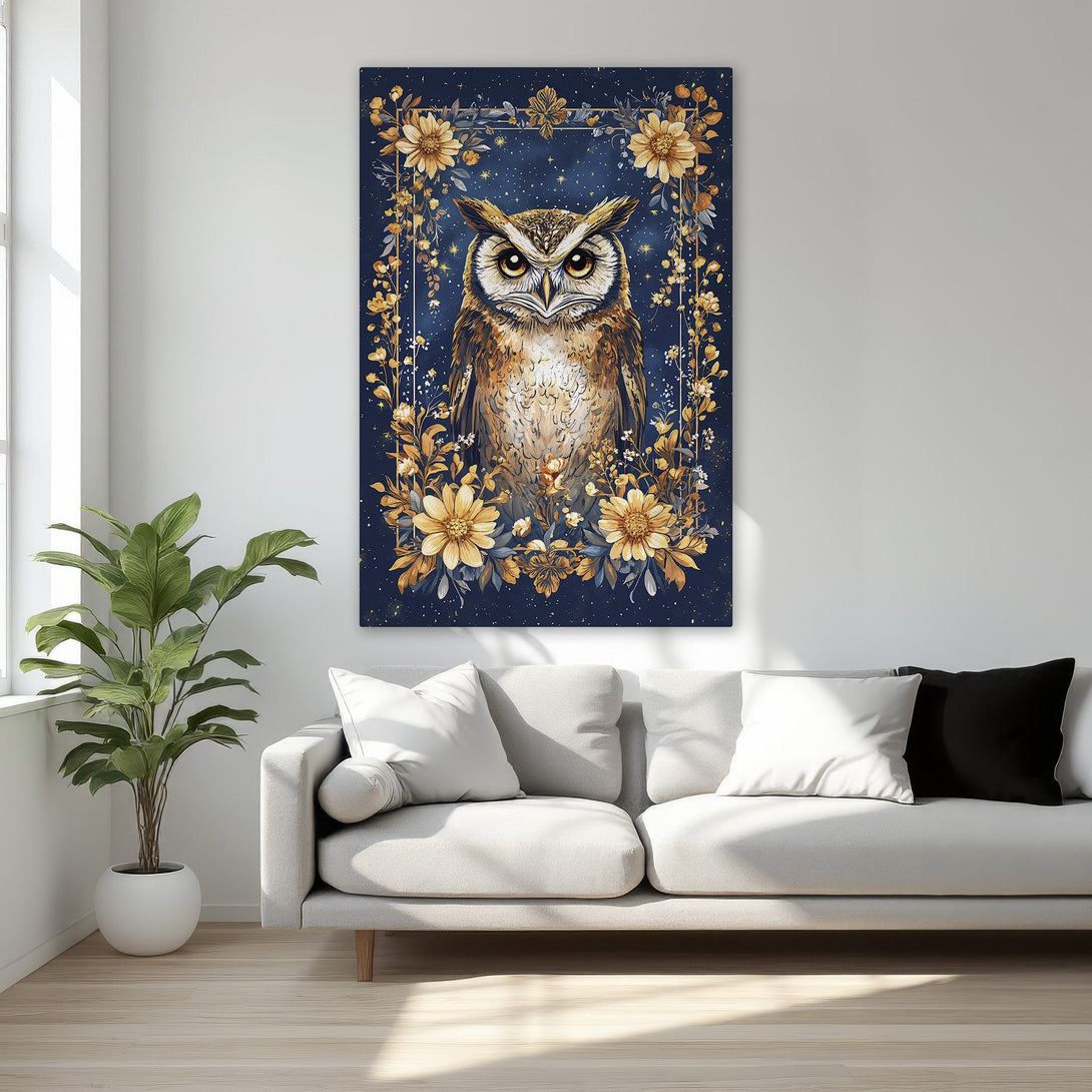 Framed Wall Art: Majestic owl canvas print with a floral frame. Features a dark blue background, gold accents, and warm, inviting color palette. Perfect for any room!