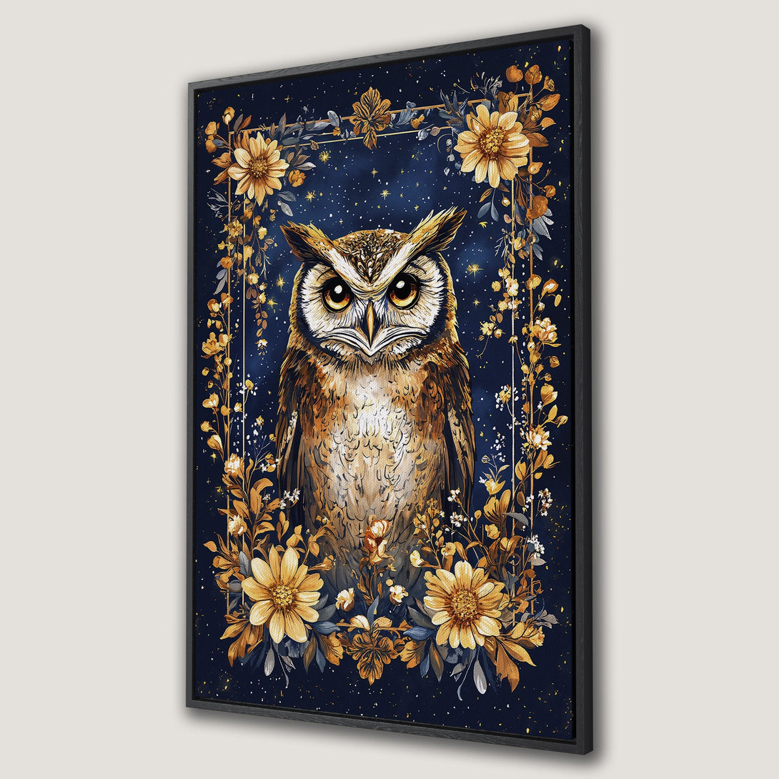 Framed Wall Art featuring a majestic owl in watercolor style with a floral frame. Rich blue and gold color palette. Perfect for home decor.