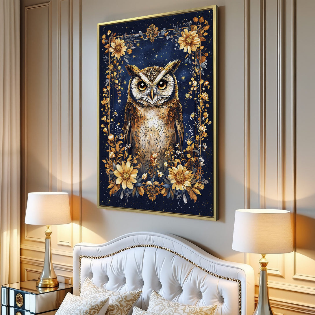 Canvas Print featuring a majestic owl with floral accents, set against a navy blue backdrop. Warm gold and brown tones create a stunning focal point for any room.