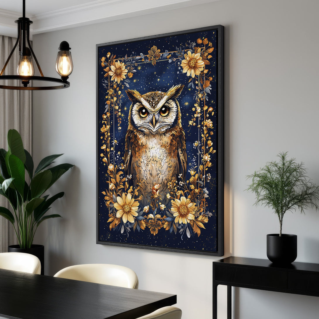 Framed Wall Art featuring an owl with floral accents. Beautiful watercolor style with a navy and gold color palette. Perfect for adding elegance to any room.
