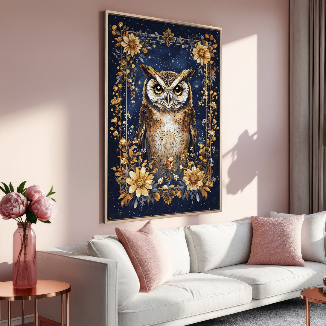 Framed Wall Art: Majestic owl portrait with floral accents. Rich navy, gold, and brown color palette. Perfect for adding a touch of elegance to any space.