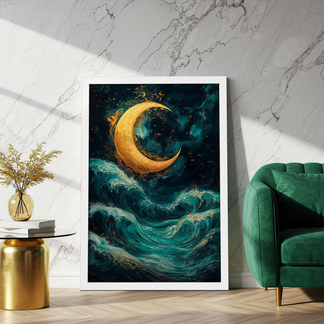 Framed Poster featuring a golden moon over teal waves, artistic style, with gold and teal color palette. Add this stunning Poster to your wall!