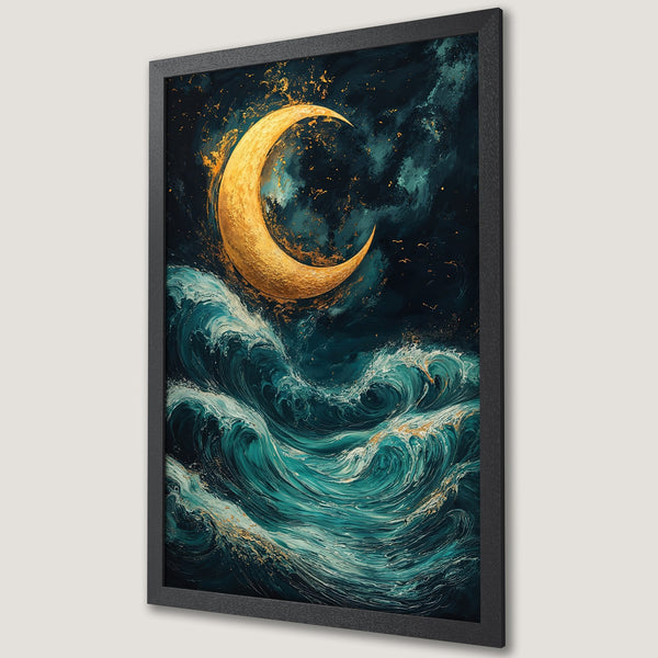 Framed Poster featuring a golden moon over turquoise waves, in a dark, artistic style. A stunning piece for your home!