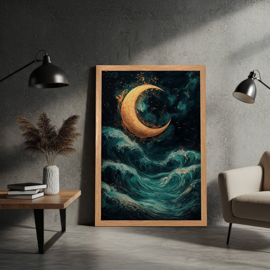 Framed Poster featuring a crescent moon over ocean waves. Artistic style with teal, gold, and dark blue color palette. Perfect wall art.