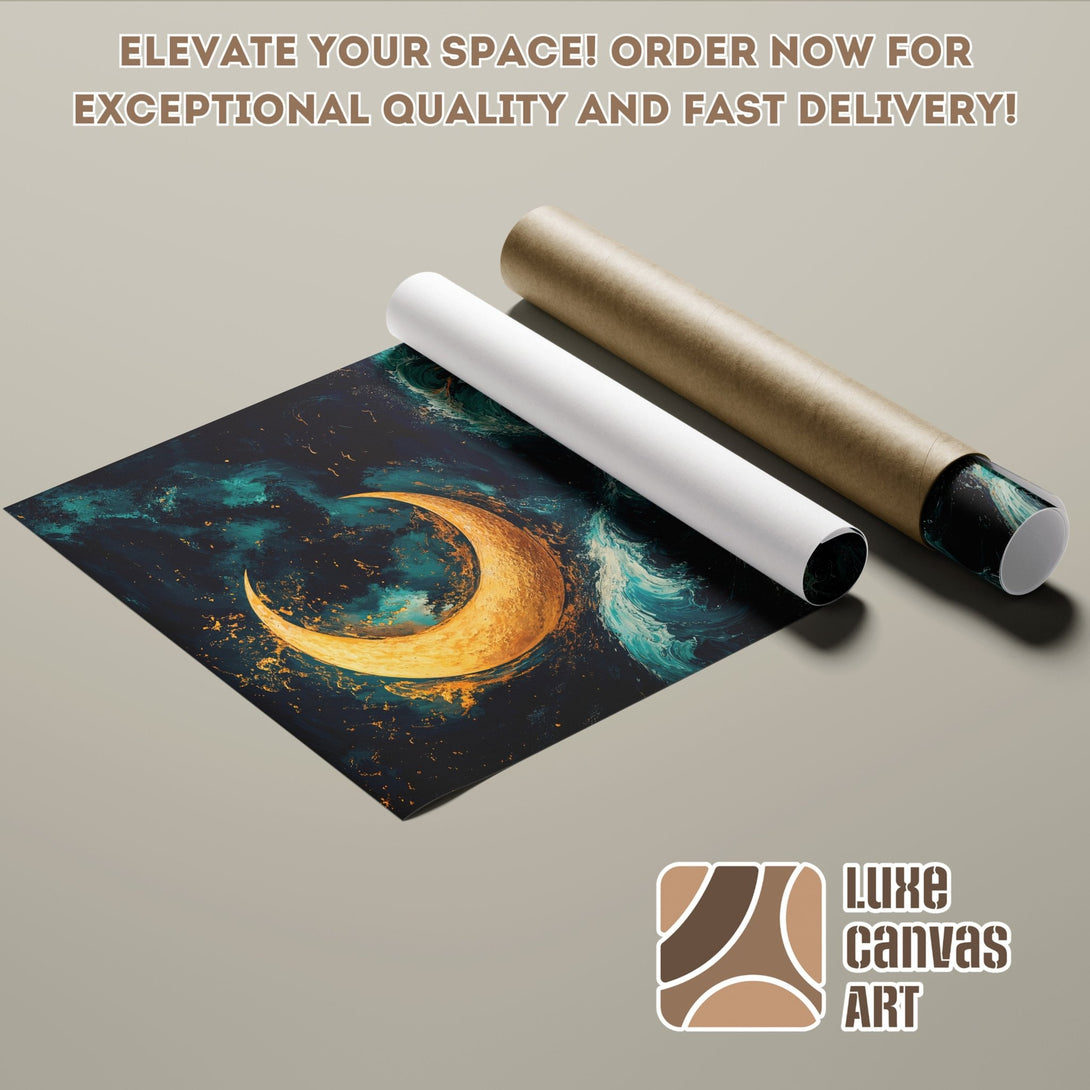 Abstract art poster roll featuring a golden moon and teal waves. Elevate your space with this stunning poster!
