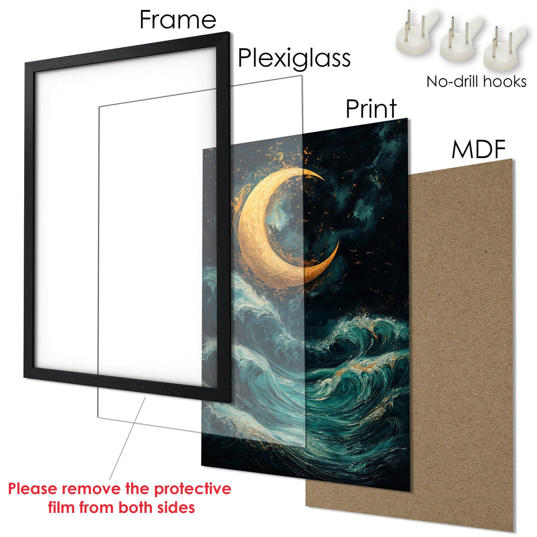 Framed Poster featuring a crescent moon over ocean waves, artistic style, teal & gold color palette. Perfect wall art!