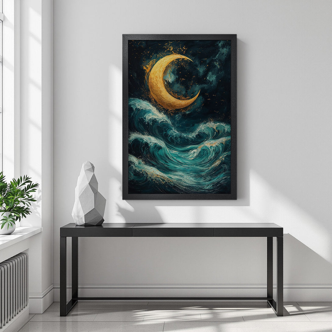 Framed Poster featuring a golden moon over ocean waves. Artistic style with teal, gold, and dark blue color palette. Add a touch of magic to your space!