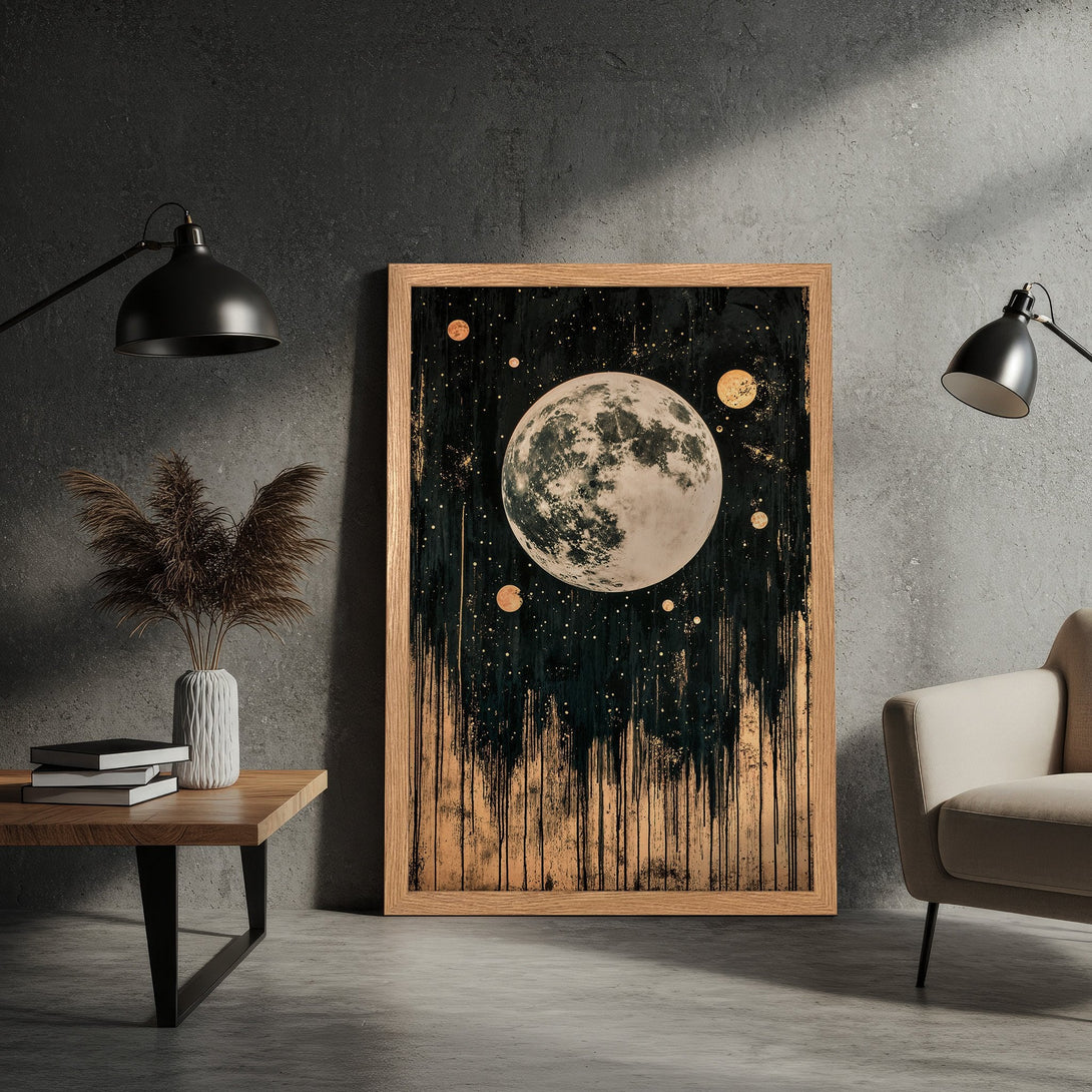 Framed Poster featuring a celestial moon art print. Modern style with a black, gold, and beige color palette. Perfect wall decor.