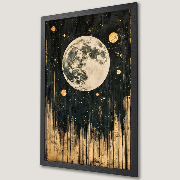 Framed Poster: Abstract moon art print in black, gold, and white. Celestial style wall art for modern decor.
