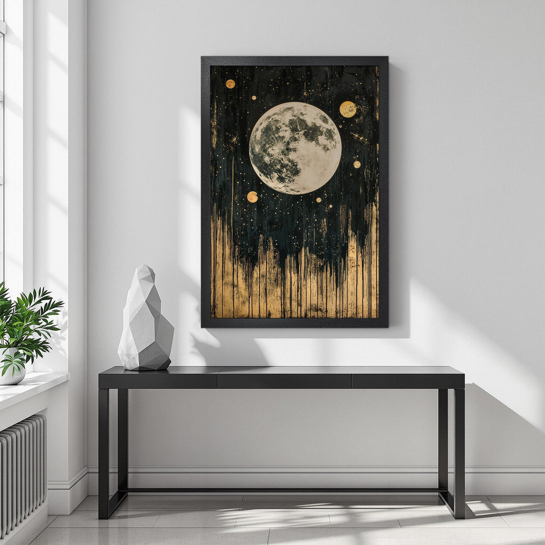 Framed Poster featuring a celestial moon and planets against a dark, gold-accented background. Modern art style with a moody color palette.