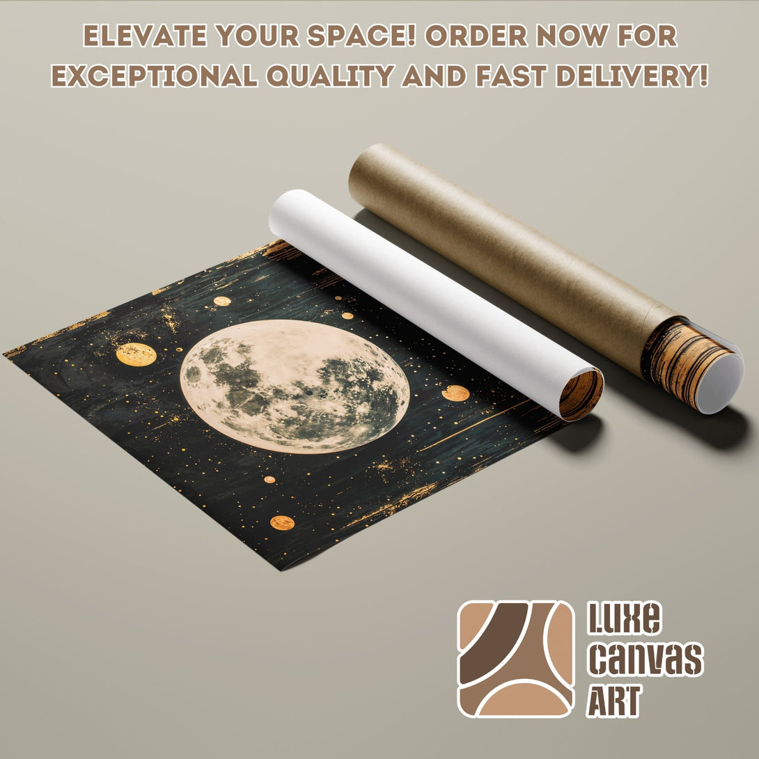 Poster Roll featuring a celestial design in a dark, gold, and beige color palette. Elevate your space with Luxe Canvas Art!