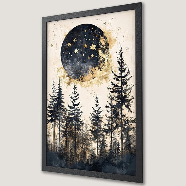 Framed Poster featuring a forest scene with a moon and stars. Artistic style, in a black, gold, and cream color palette. Perfect wall art!