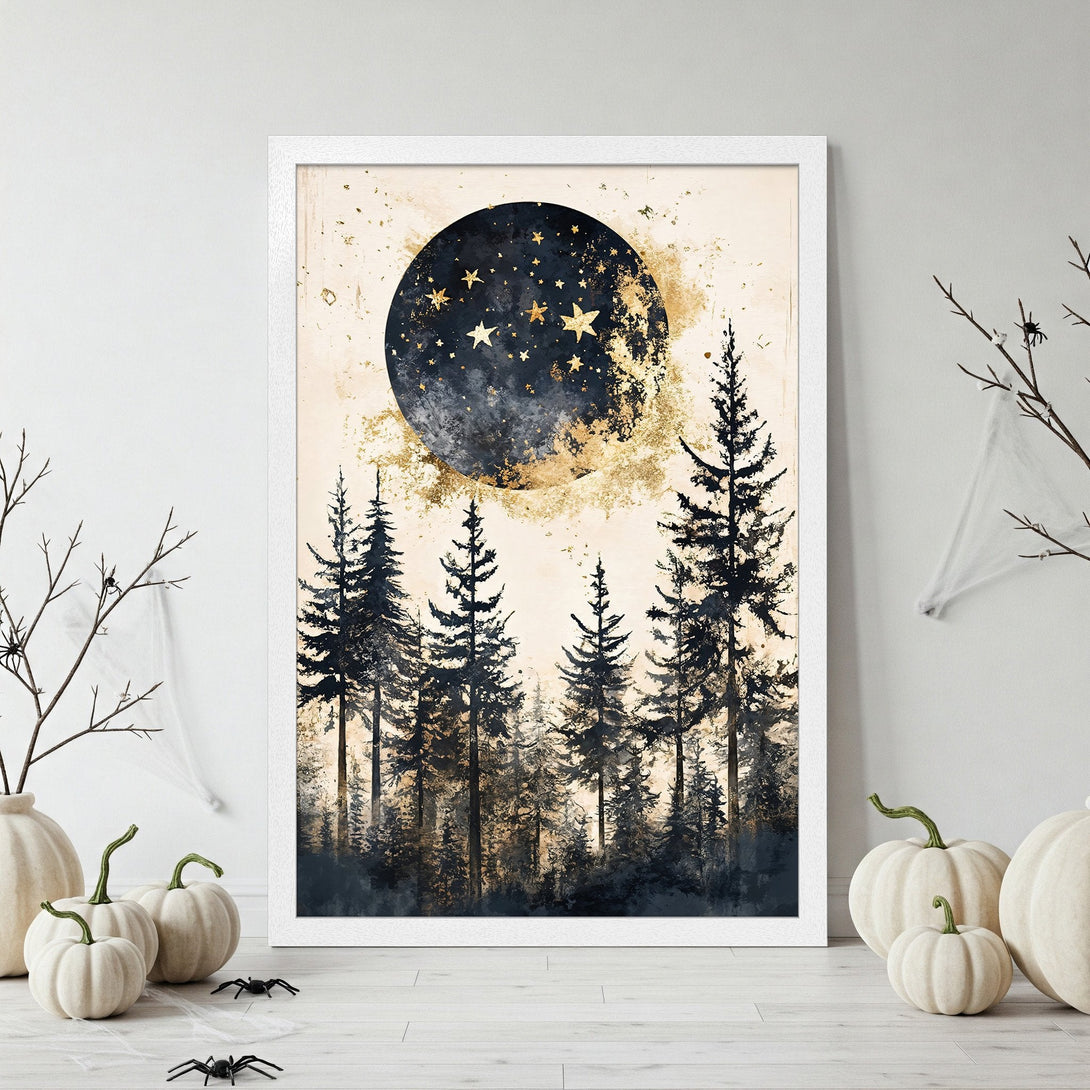 Framed Poster featuring a mystical forest scene with a moon and stars. Dark blue, gold, and beige color palette. Perfect wall art for any room.