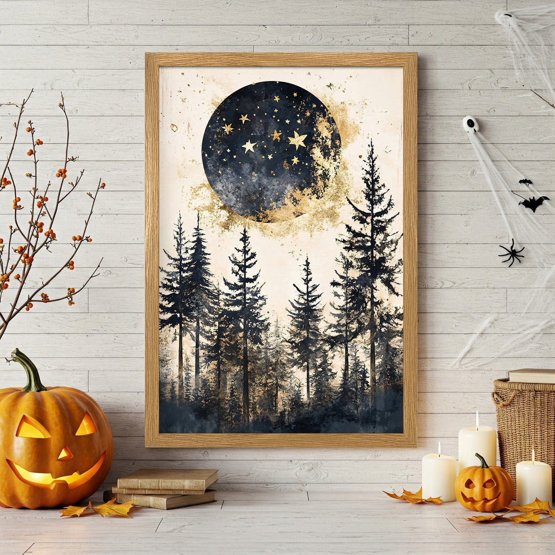 Framed Poster featuring a mystical forest scene with a moon and stars. Dark blue, gold, and beige color palette. Perfect Halloween decor!