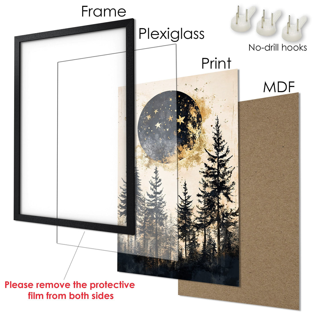 Framed Poster featuring a celestial forest scene in a neutral, gold, and black color palette. Perfect wall art for any space!