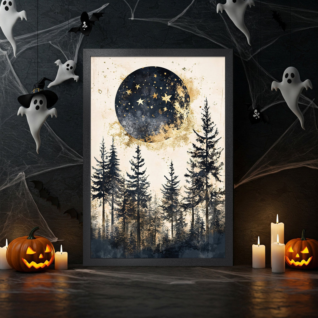 Framed Poster featuring a moonlit forest scene, with a dark blue and gold color palette, perfect for Halloween decor.