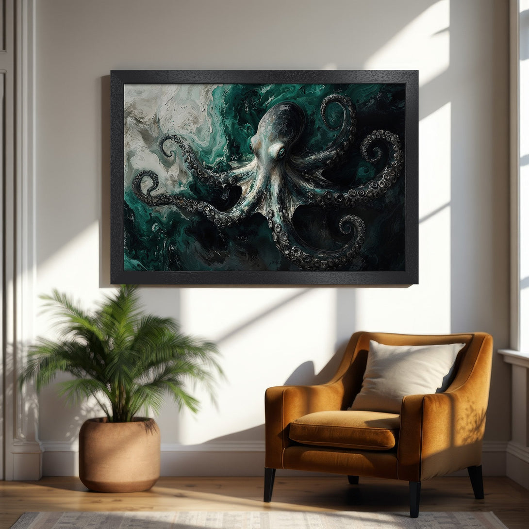 Framed Poster featuring an abstract octopus in teal and white, perfect for modern home decor.