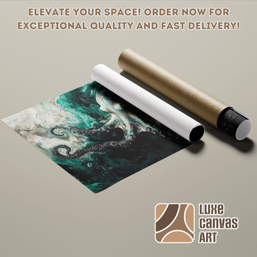 Abstract octopus Poster Roll in teal, white, and black. Elevate your space!