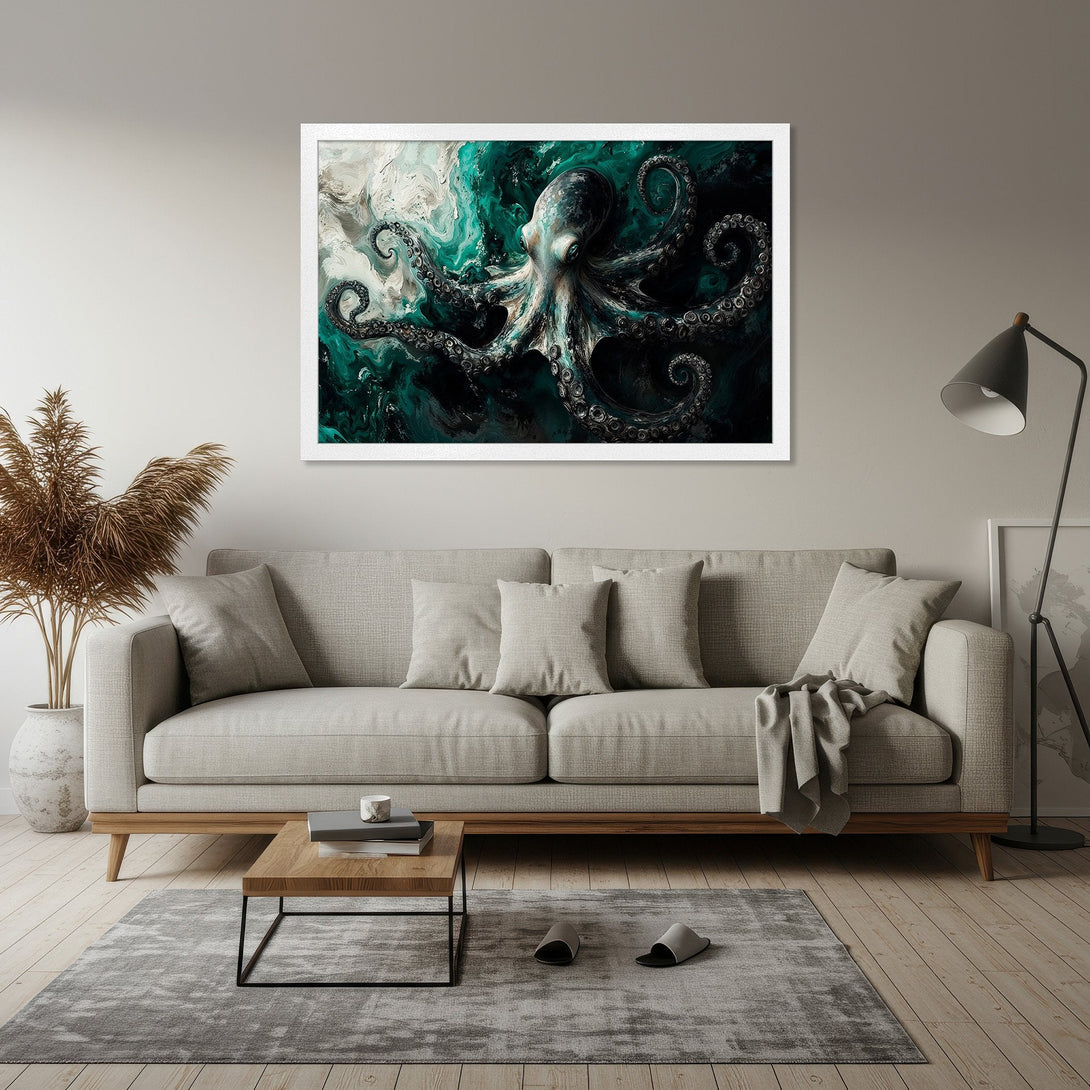 Framed Poster featuring an abstract octopus in teal and black. Modern art style with a calming color palette, perfect for home decor.