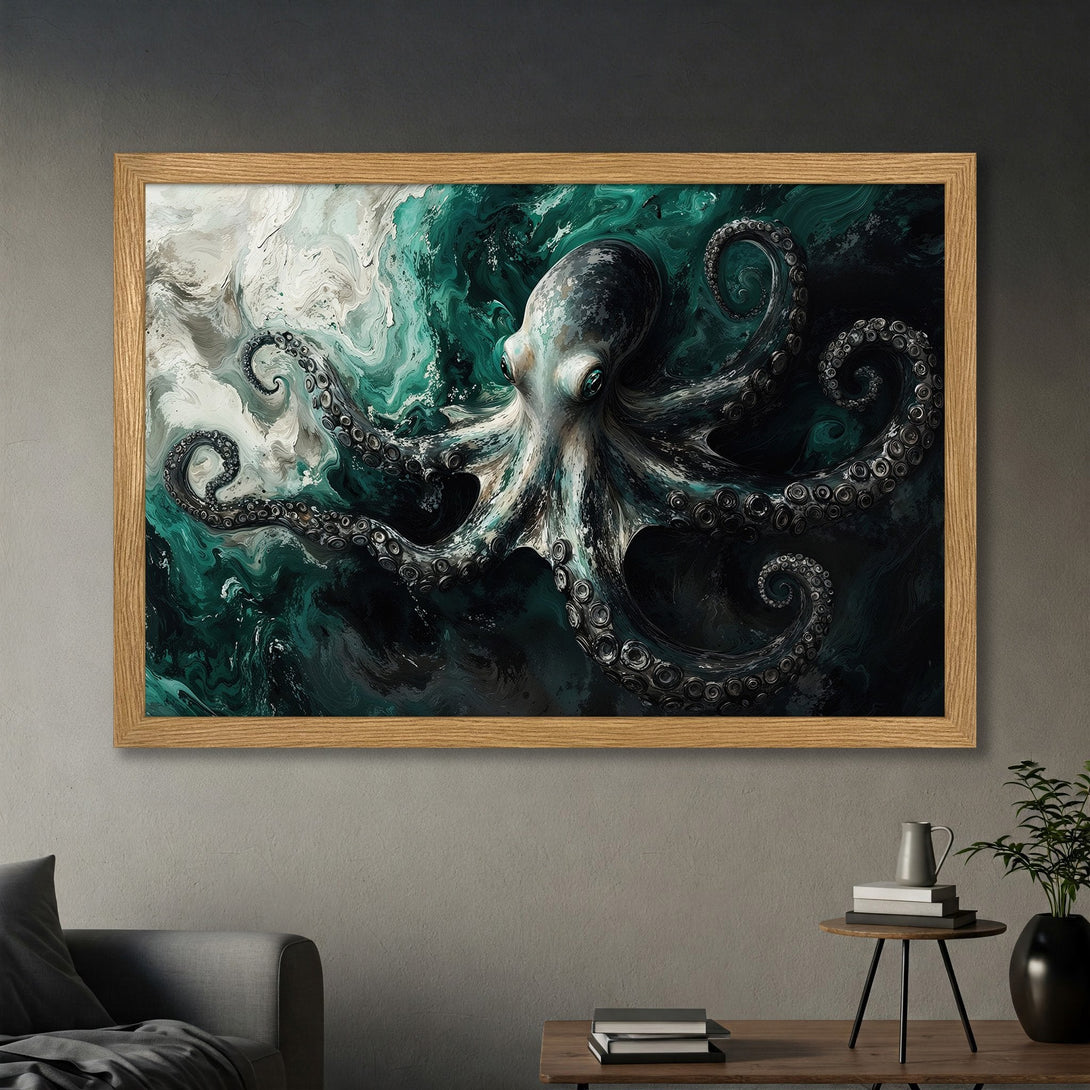 Framed Poster featuring an abstract octopus in teal and gray tones. Modern art style, perfect for any room.