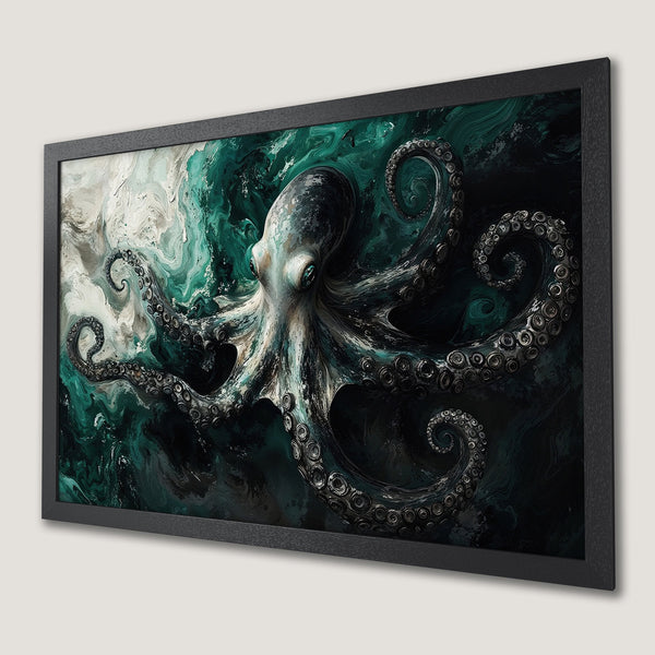 Framed Poster featuring an octopus in an abstract style with a teal and black color palette. Perfect wall art!