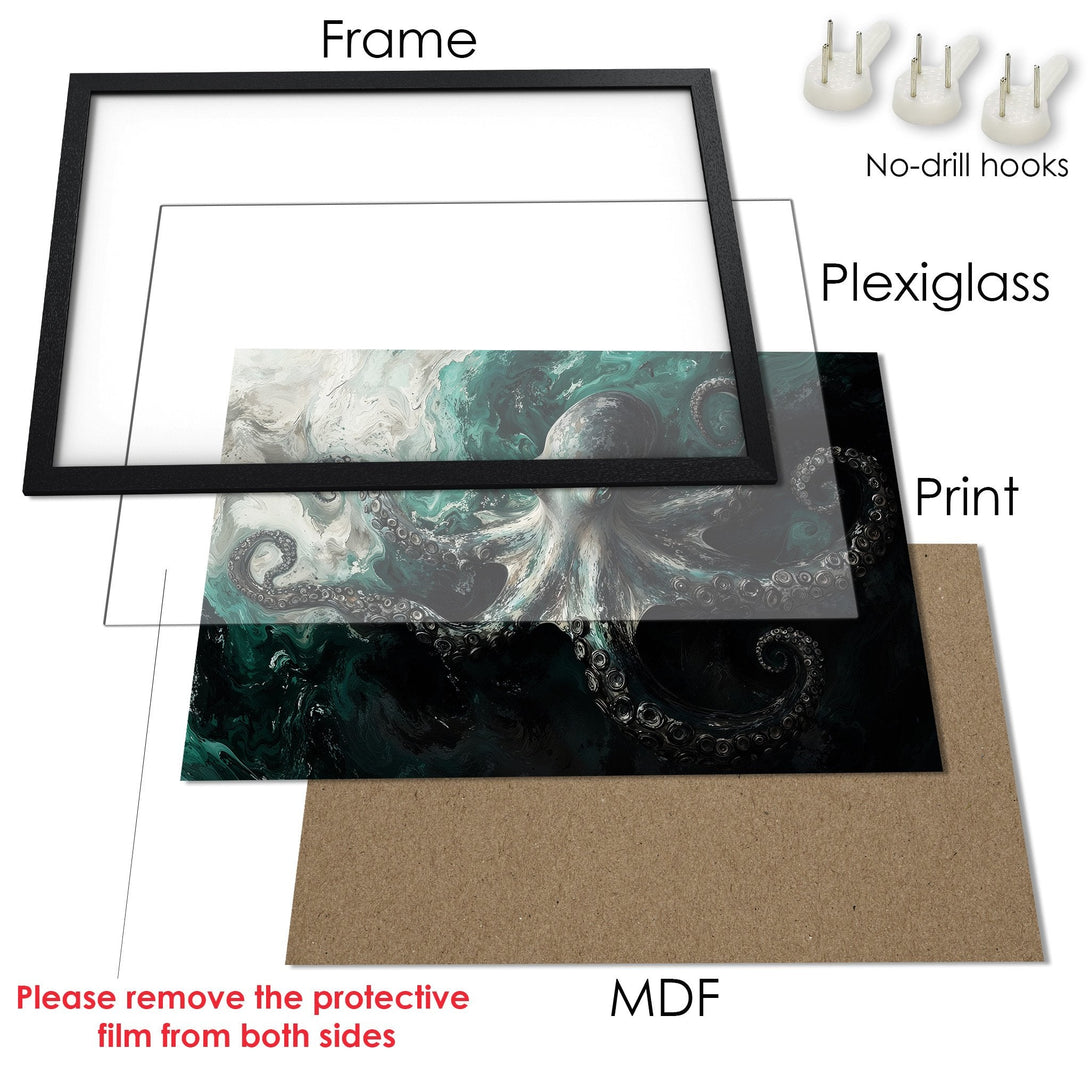 Framed Poster featuring an octopus art print in teal and gray tones. Modern style, perfect for home decor.
