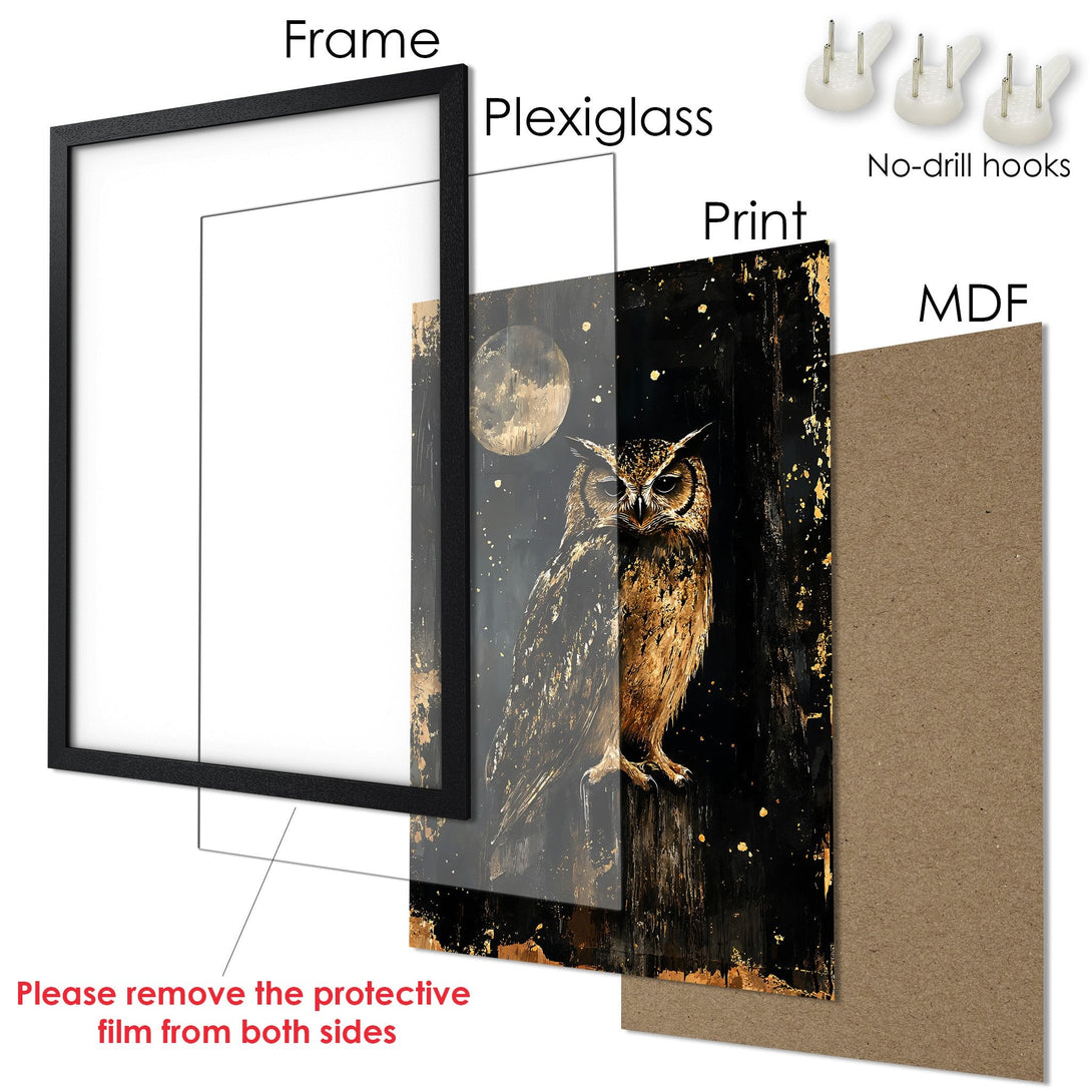 Framed Poster featuring an owl in a dark, artistic style with gold and black tones. Perfect wall art for your home.