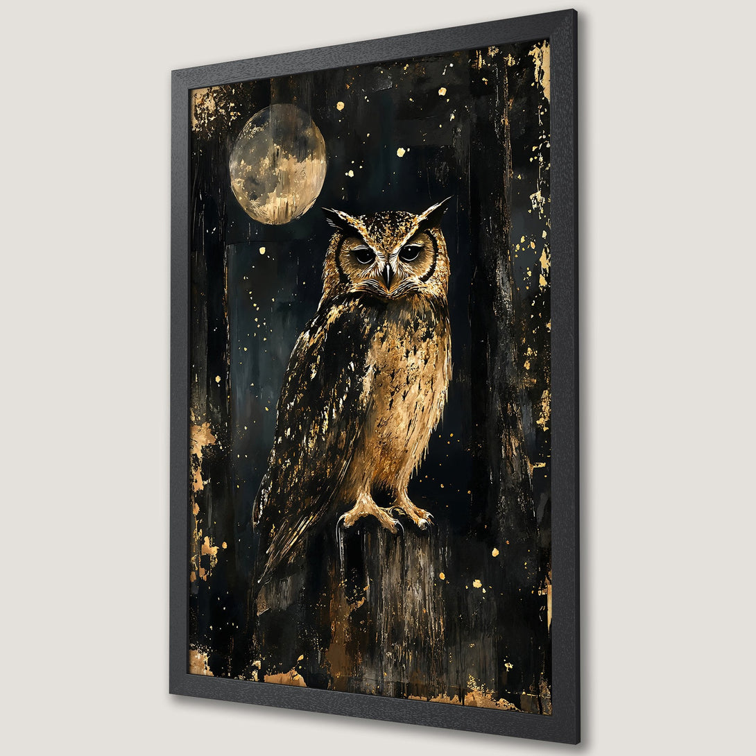 Framed Poster featuring an owl against a dark, abstract background with gold accents. A stunning piece of art with a bold color palette.