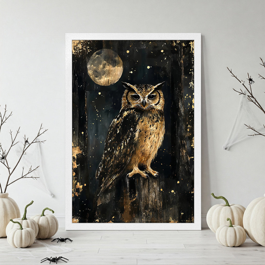 Framed Poster featuring a majestic owl in a dark, gold-accented style. Perfect for adding a touch of Halloween elegance to your home decor.