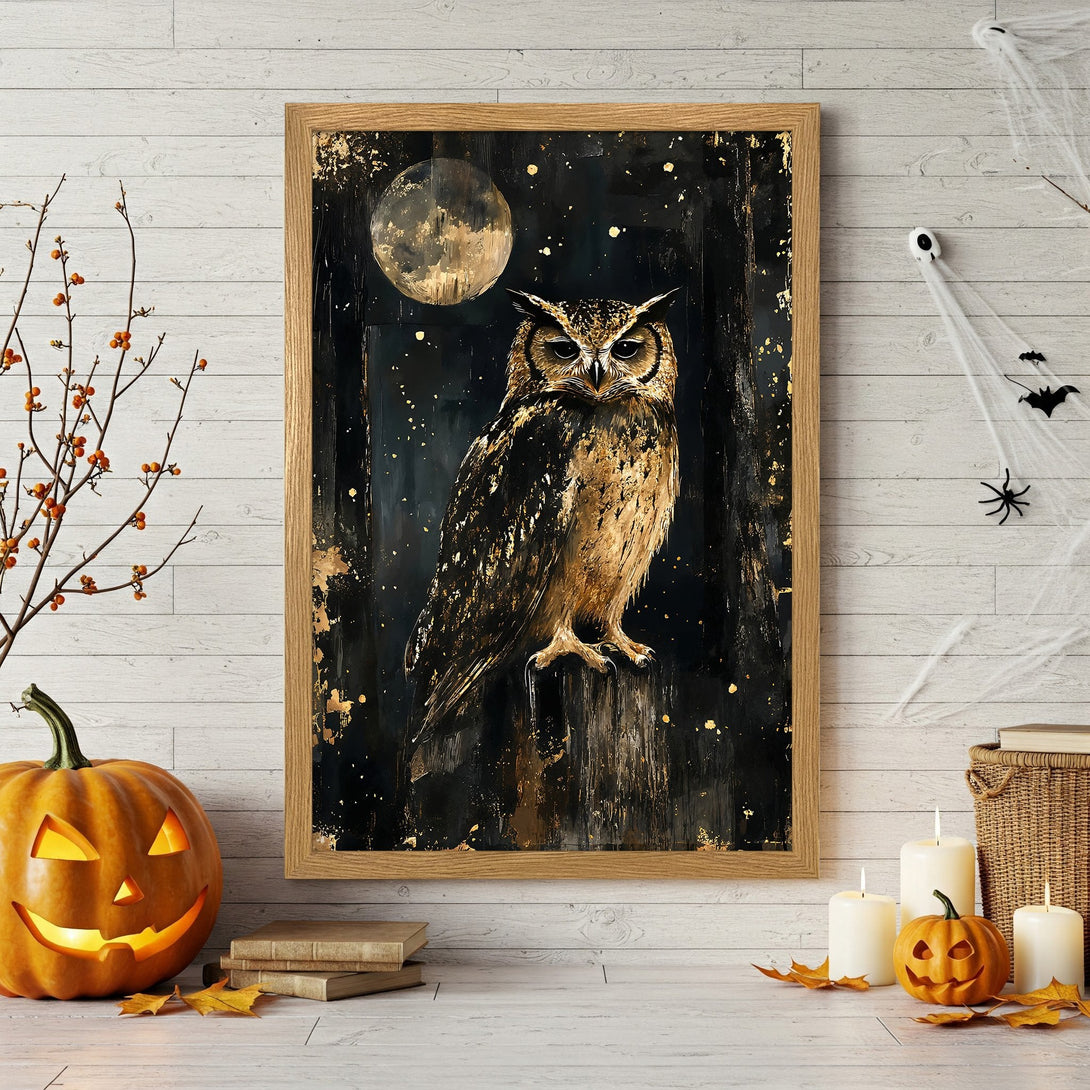 Framed Poster featuring an owl in a dark, gold-toned style, perfect for Halloween decor. Add a touch of spooky elegance!