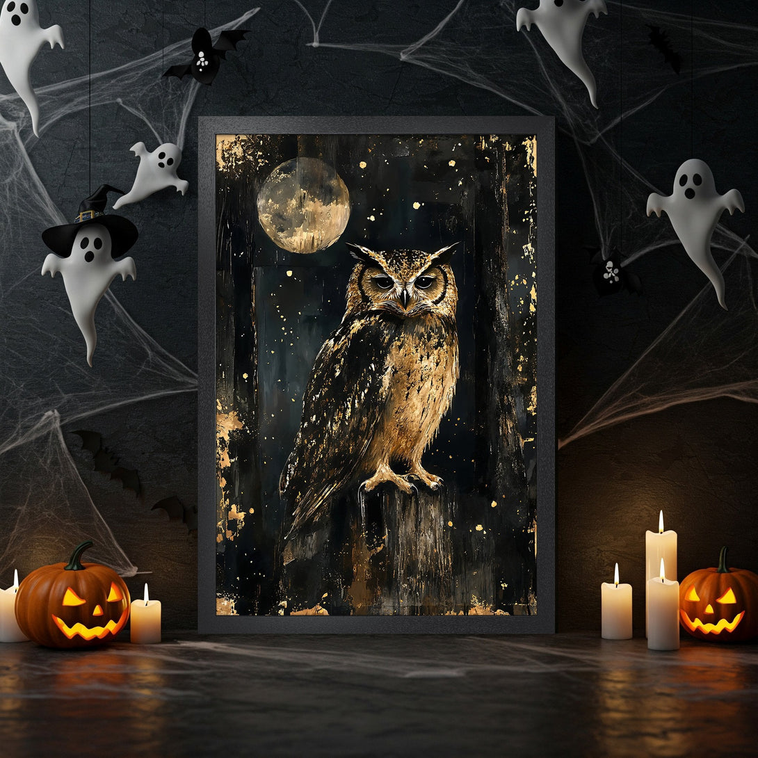 Framed Poster of a majestic owl in a dark, gold & black color palette, perfect Halloween decor.