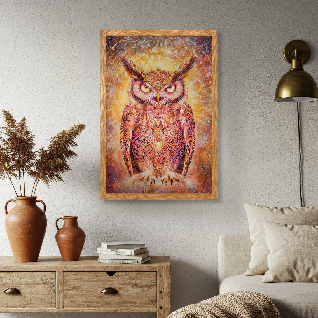 Framed Poster of an owl in a vibrant, psychedelic style with a warm orange and red color palette, perfect wall art for any room.