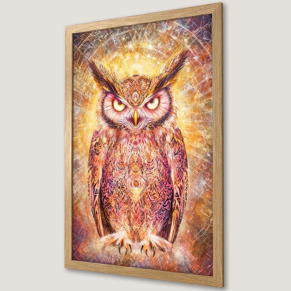 Framed Poster featuring a detailed, mystical owl illustration in warm orange and gold tones. Perfect wall art for a unique home decor style.