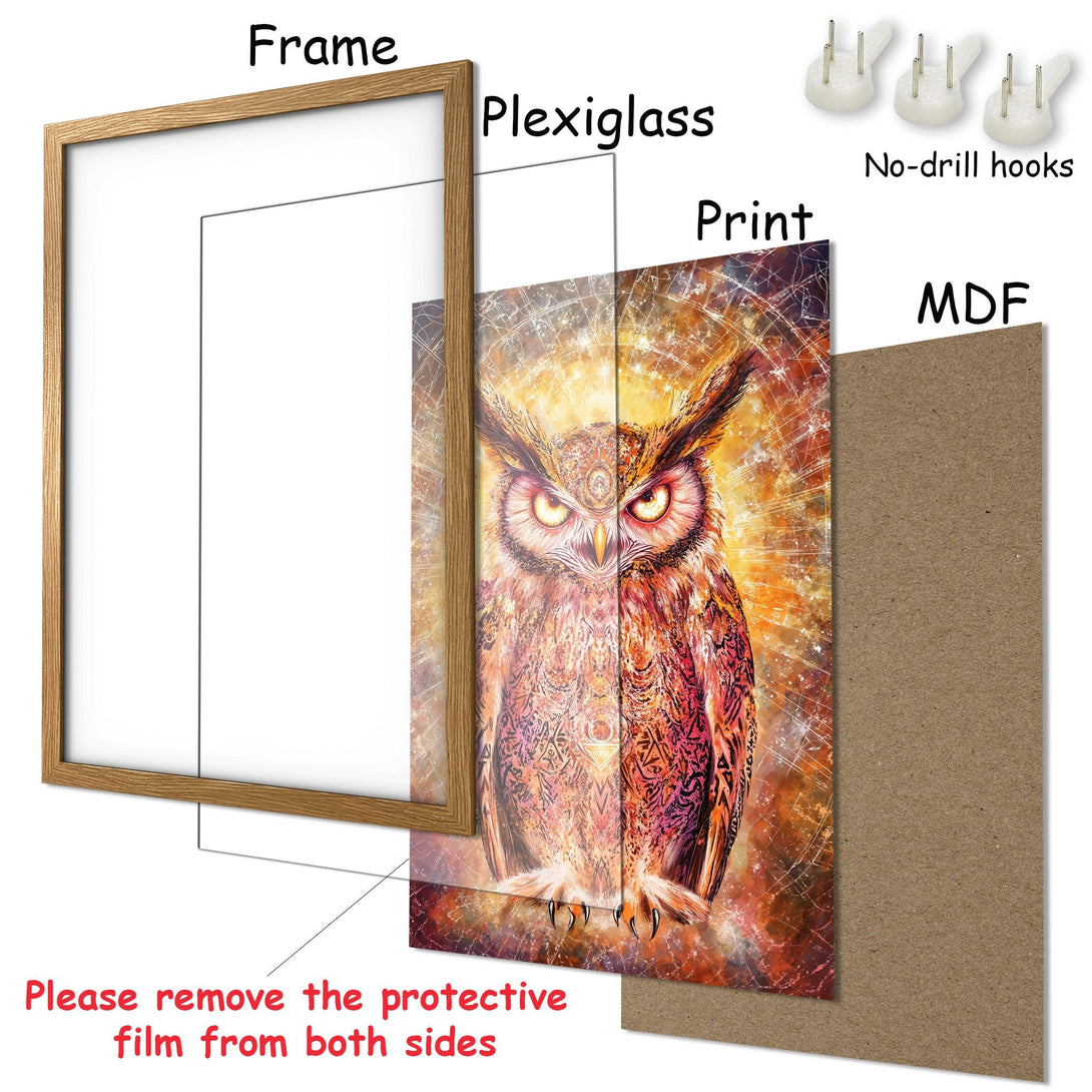 Framed Poster featuring a detailed owl illustration in warm orange and red tones. Perfect wall art for your home!