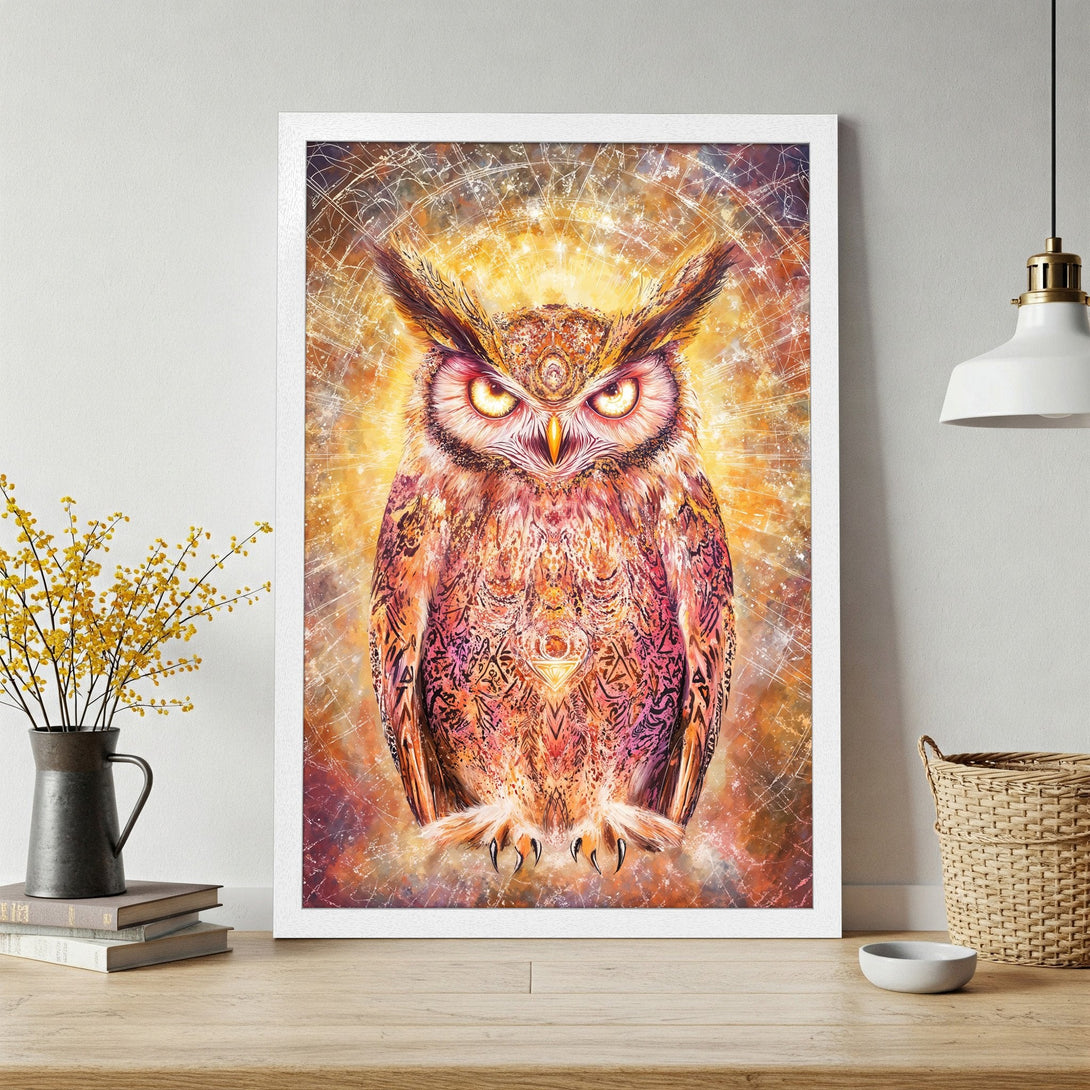 Framed Poster featuring a vibrant owl artwork in warm orange and purple tones. Perfect for adding a touch of art to your home!