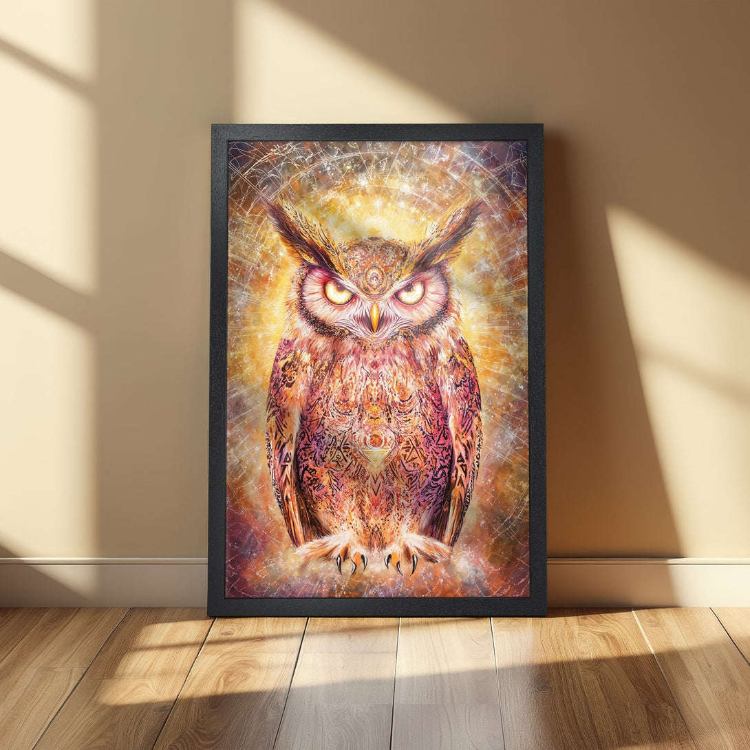 Framed Poster of an owl in a vibrant, spiritual style. Warm orange and purple color palette. Perfect wall art for your home.