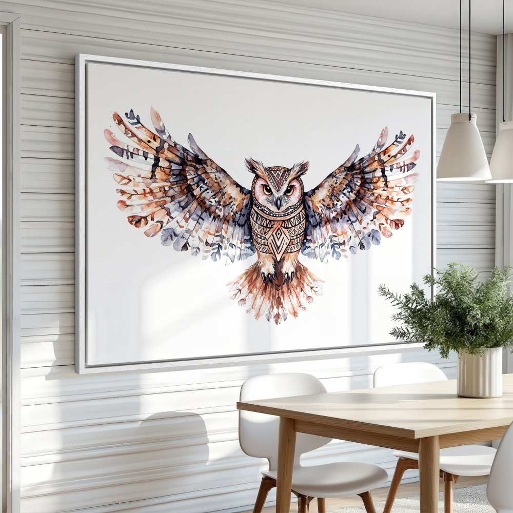 Canvas Print: Watercolor owl art with warm brown and neutral tones. Perfect framed wall art for a cozy living space.