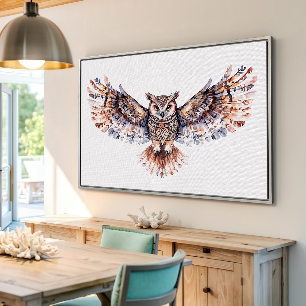 Framed Wall Art: Watercolor owl print in warm brown and blue tones. Add bohemian style to your home with this stunning canvas print.