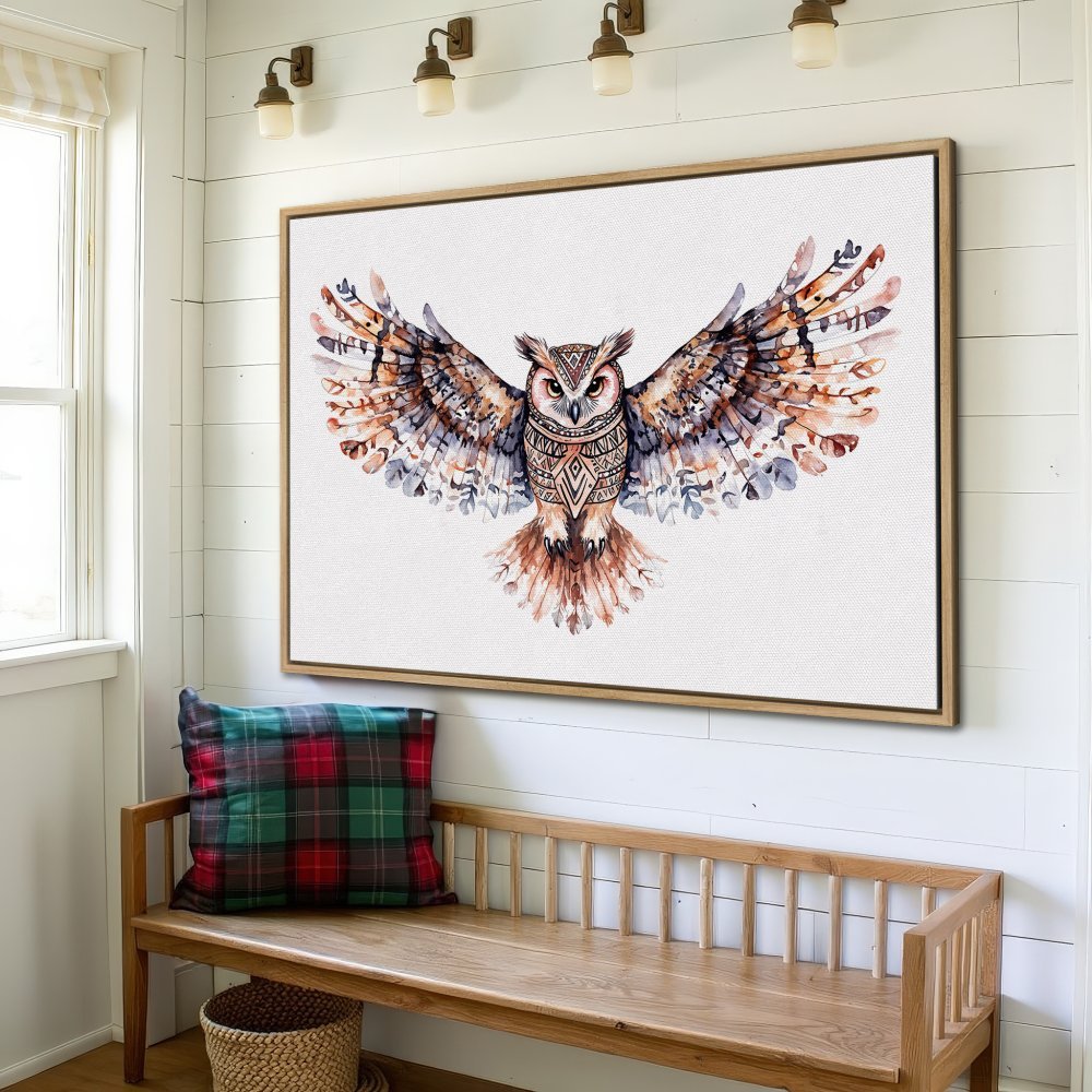 Framed Wall Art: Watercolor owl print with warm earth tones. Add a touch of nature and boho style to your home decor with this canvas print.