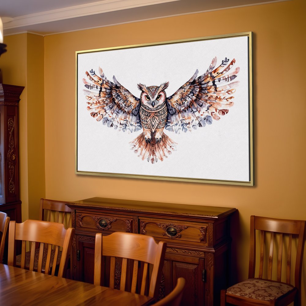 Canvas Print of a watercolor owl with wings spread, featuring a neutral color palette, perfect for living room decor.