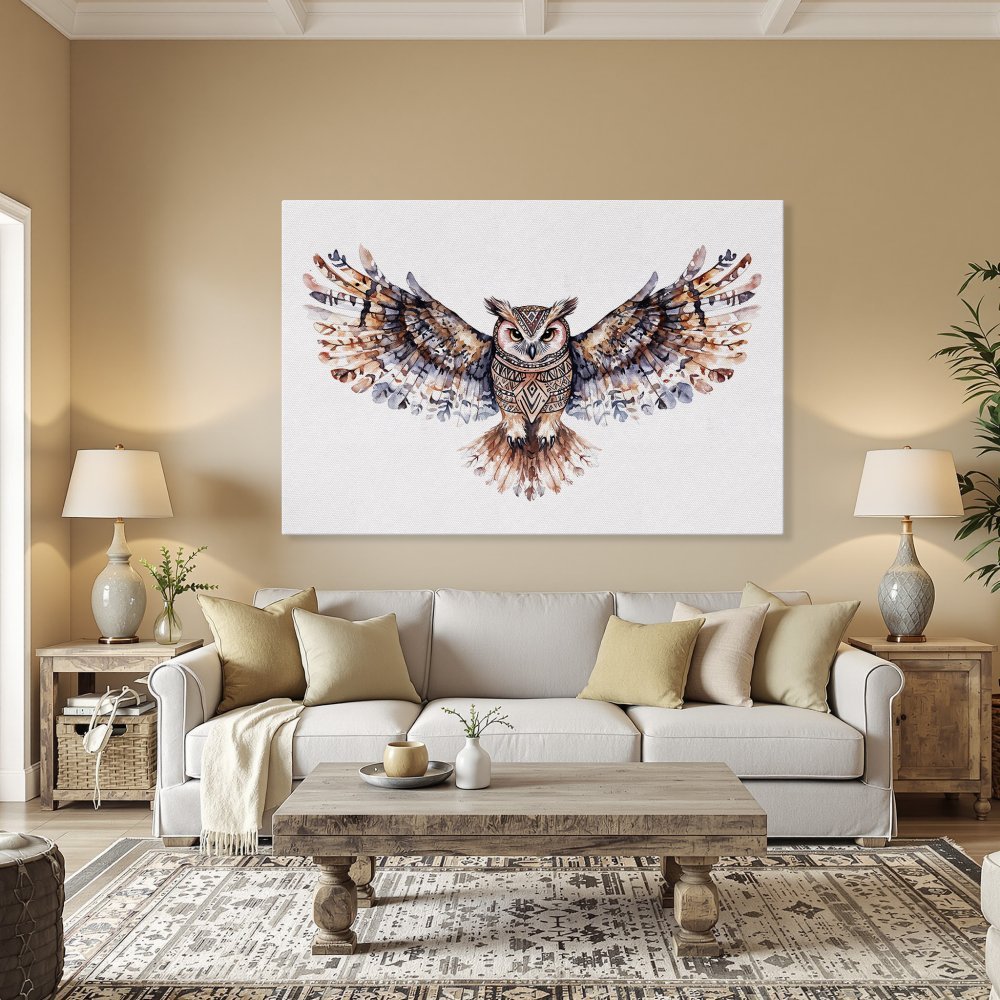 Framed Wall Art: Watercolor owl print in warm earth tones. Add a touch of nature and style to your home decor.