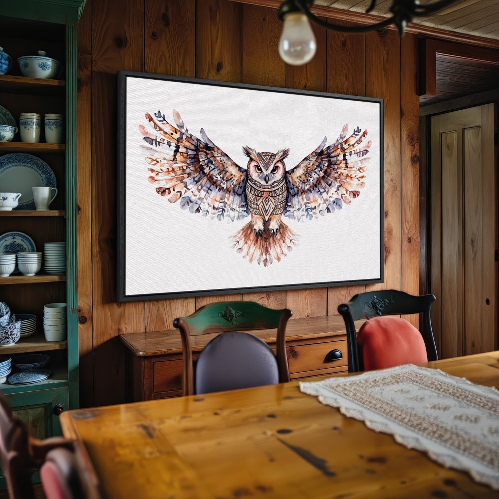 Framed Wall Art: Watercolor owl print in warm earth tones. Perfect for rustic decor. Shop now!